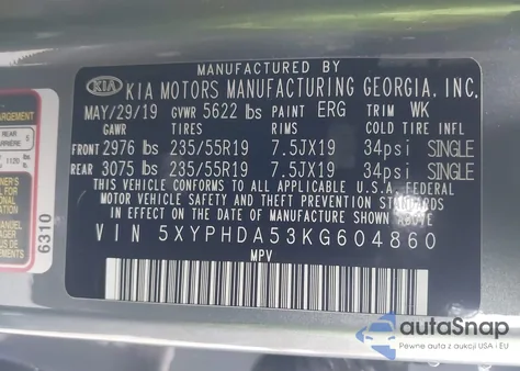 2019 Kia Sorento 3.3L Ex Sport z USA, uszkodzony, nr VIN 5XYPHDA53KG604860